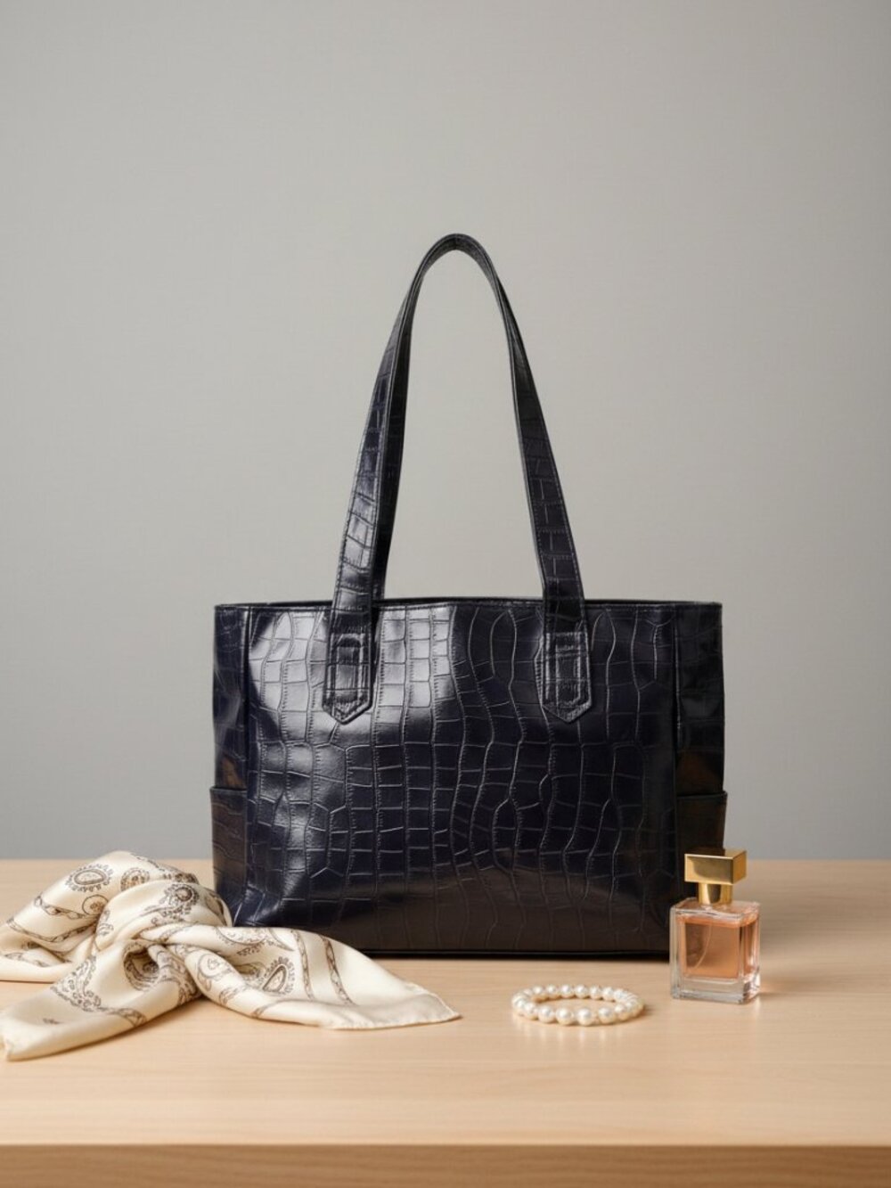 Chic Navy Blue Crocodile Pattern Structured Tote Bag Handbag NWOT
